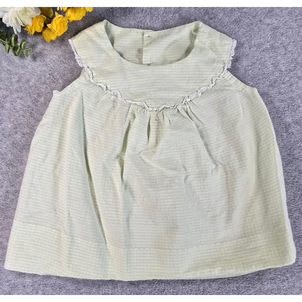 Vintage 70s Baby Toddler Dress Green Gingham Lace Trim Sleeveless 3-6m Cottage